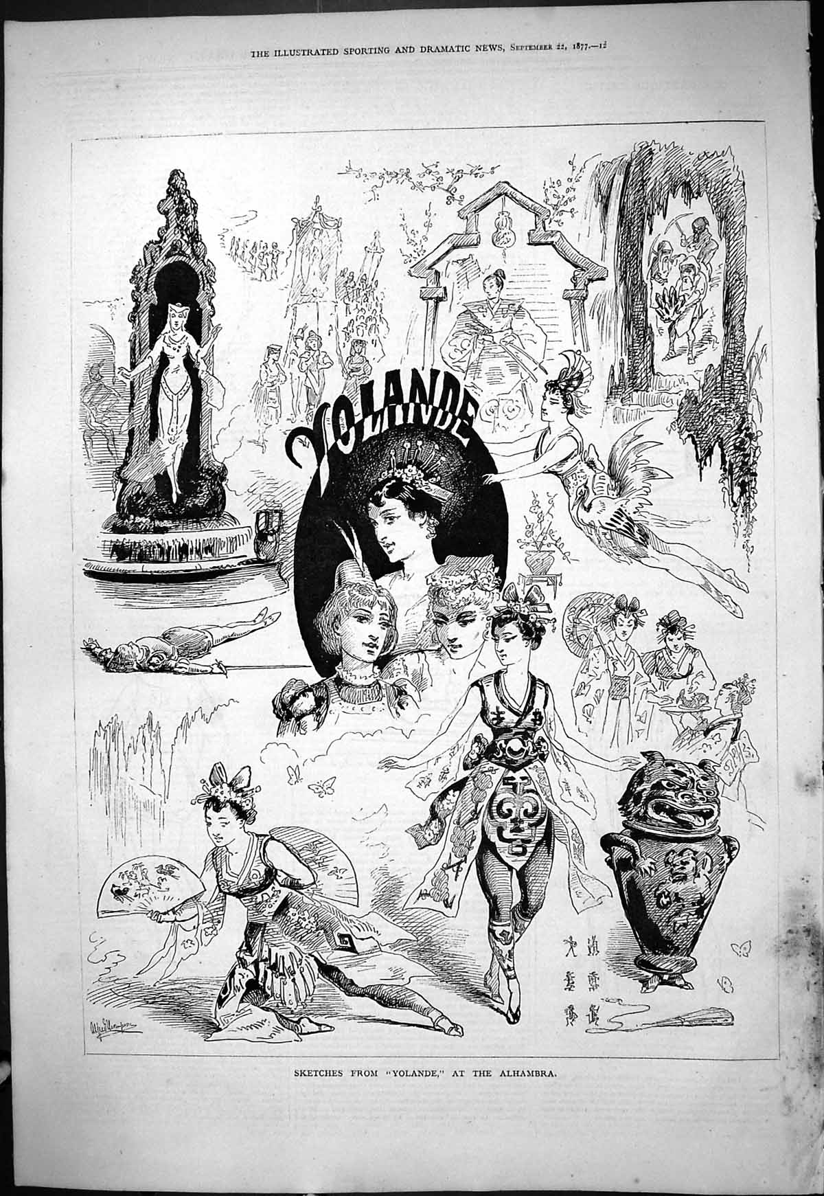 Old Antique Print 1877 Sketches Yolande Alhambra Theatre Beautiful Women 19th