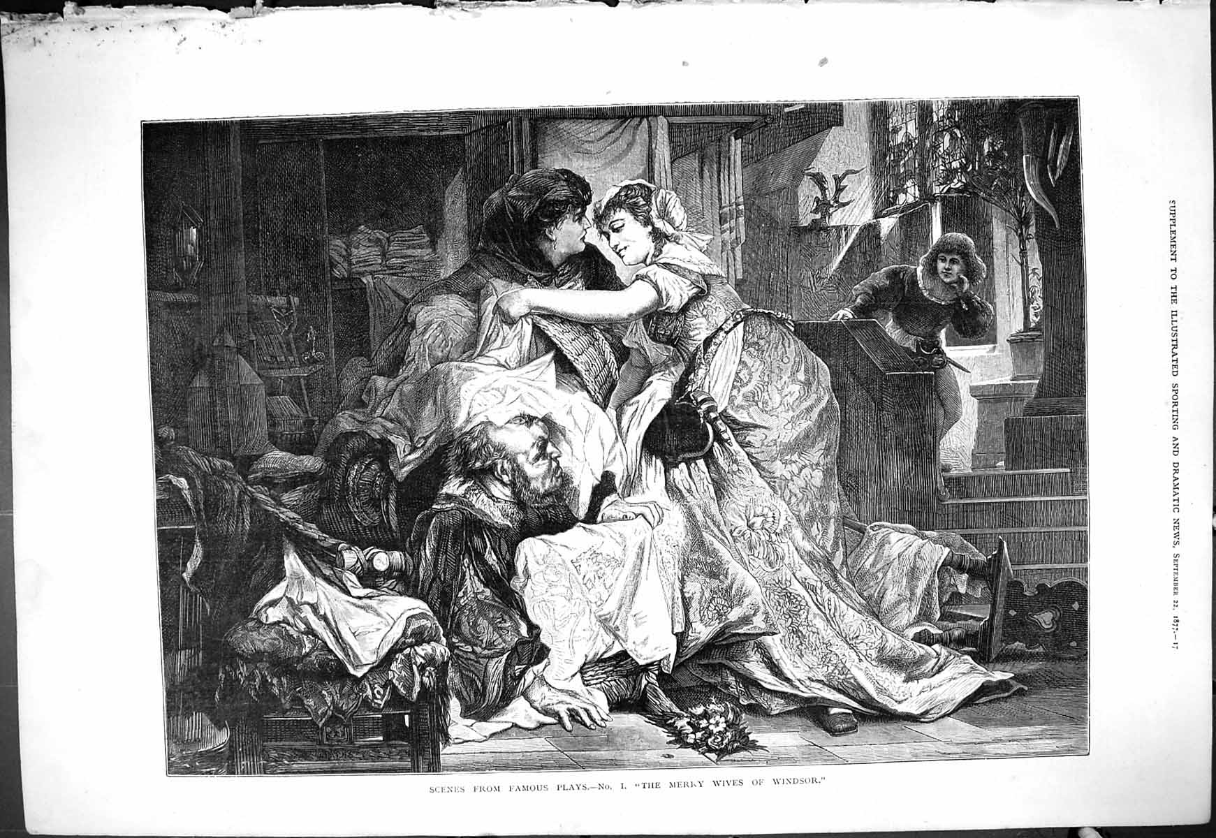 Original Old Antique Print 1877 Scene Famous Plays Merry Wives Windsor Actors