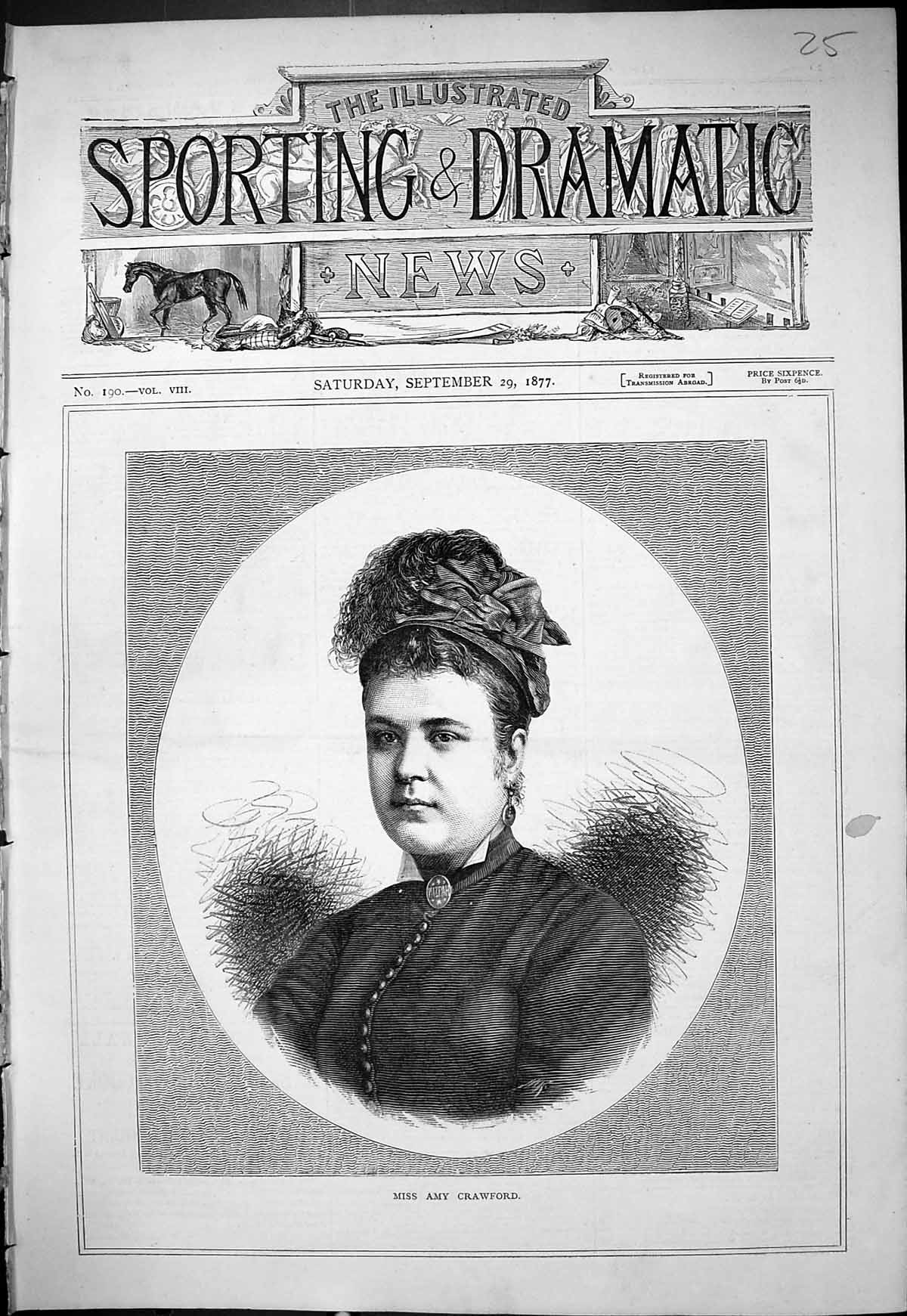 Original Old Antique Print 1877 Portrait Miss Amy Crawford Beautiful Woman 19th