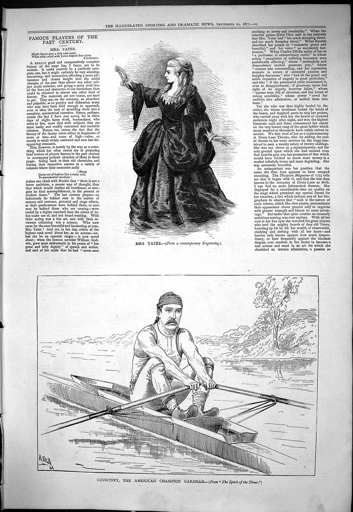 Antique Old Print 1877 Portrait Mrs Yates Courtney American Champion Oarsman