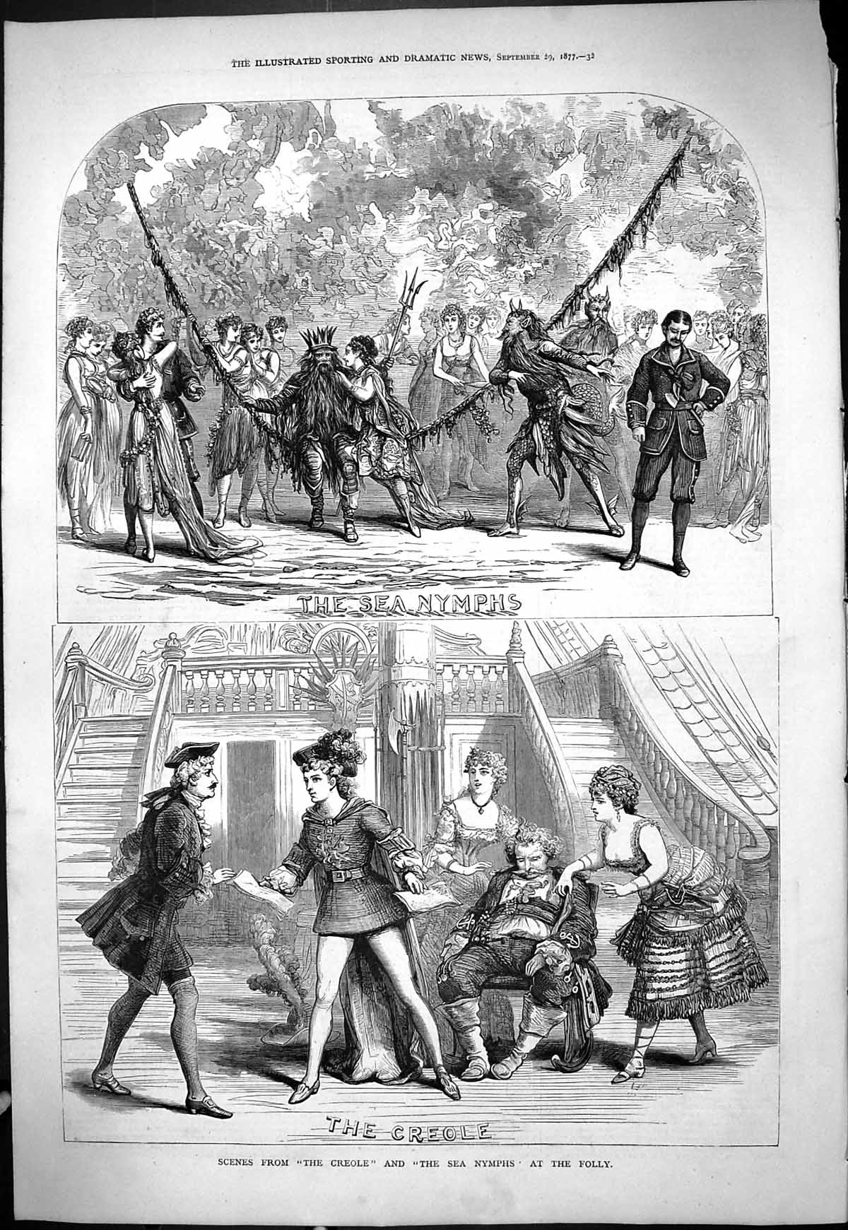 Original Old Antique Print 1877 Scene Creole Sea Nymphs Folly Theatre Actors