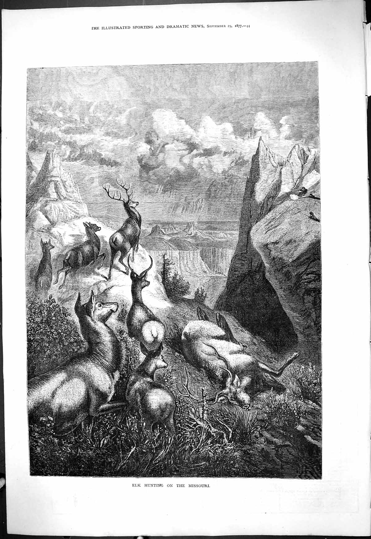 Antique Old Print 1877 Elk Hunting Missouri Mountains America Sport Shooting