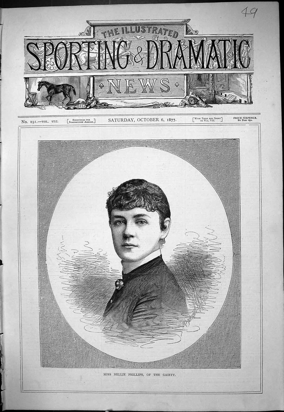Original Old Antique Print Portrait Miss Nellie Phillips Gaiety Theatre 1877
