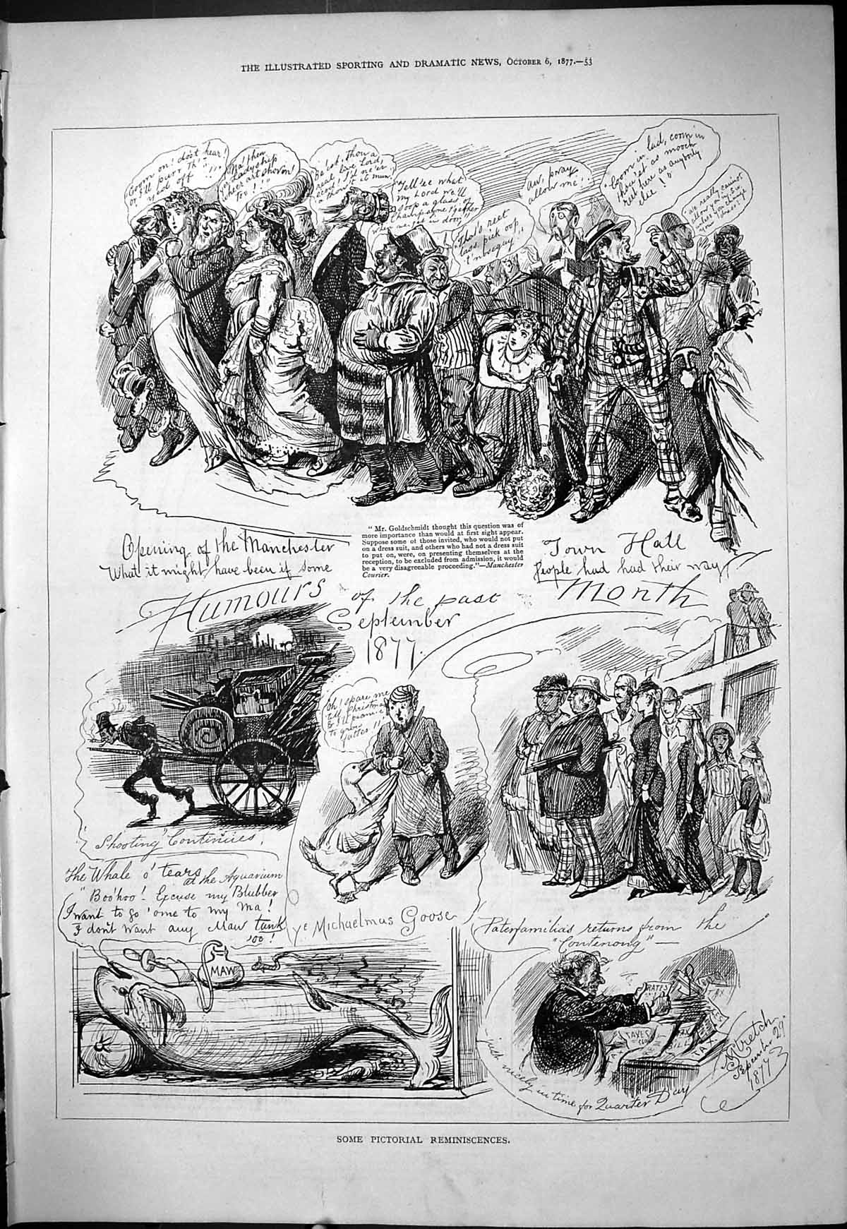 Old Print 1877 Pictorial Reminiscences Humours September Manchester Hall 19th
