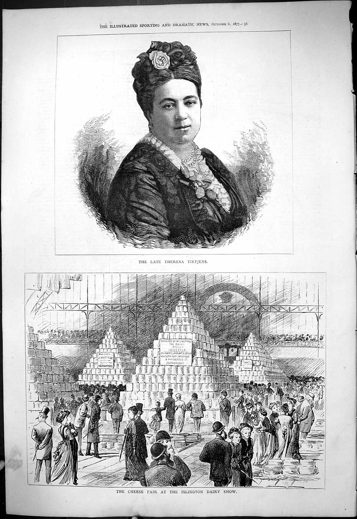 Old Print 1877 Portrait Theresa Tietjens Cheese Fair Islington Dairy Show 19th