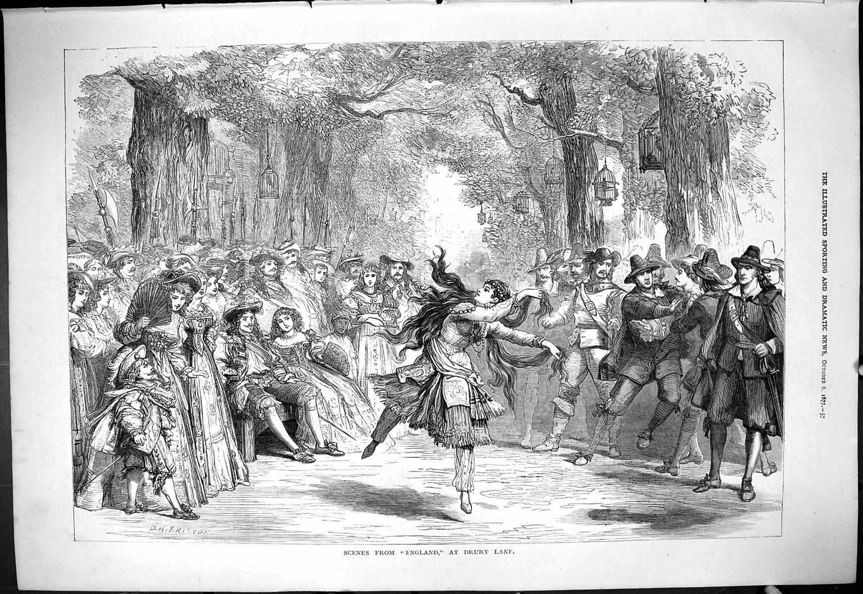 Original Old Antique Print 1877 Scene England Drury Lane Theatre London Actors