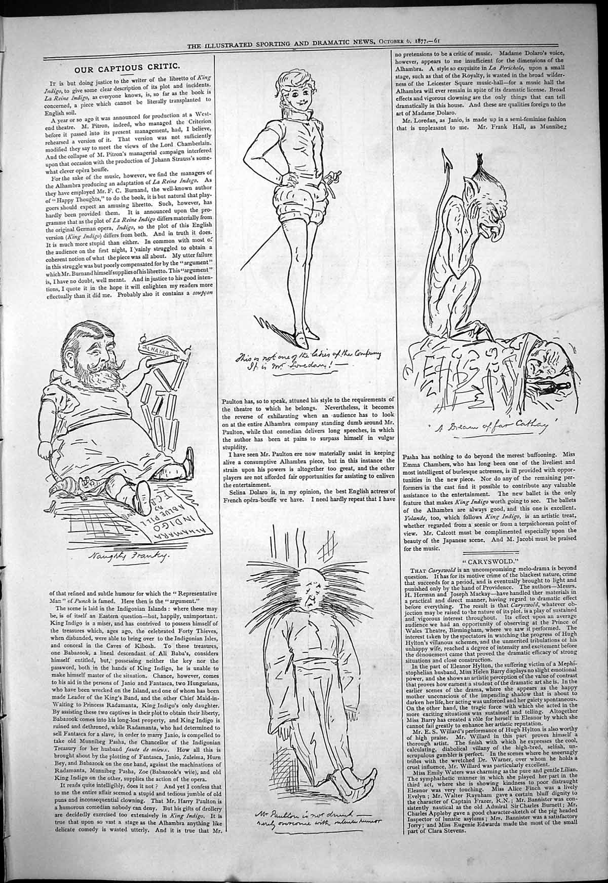 Original Old Antique Print 1877 Theatre Captious Critic Alhambra Paulton Actors