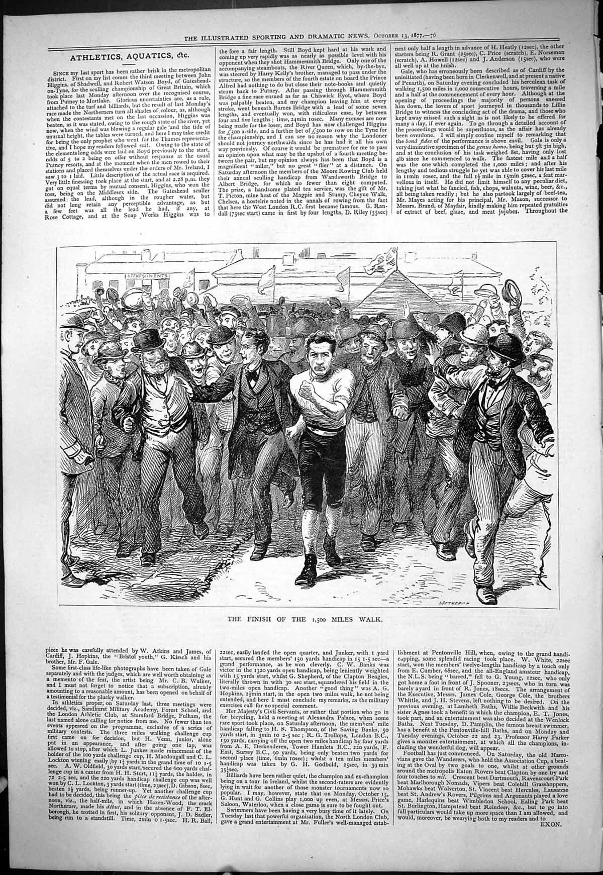 Original Old Antique Print 1877 Athletics Finish Line 1500 Miles Walk Athletes