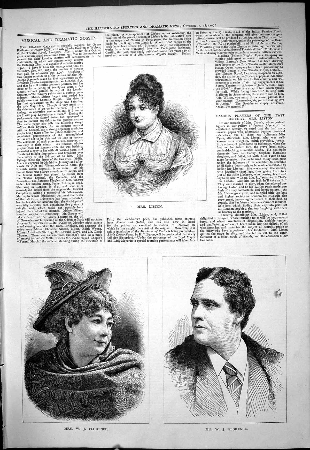 Original Old Antique Print 1877 Portrait Mrs Liston Beautiful Woman Mr Florence