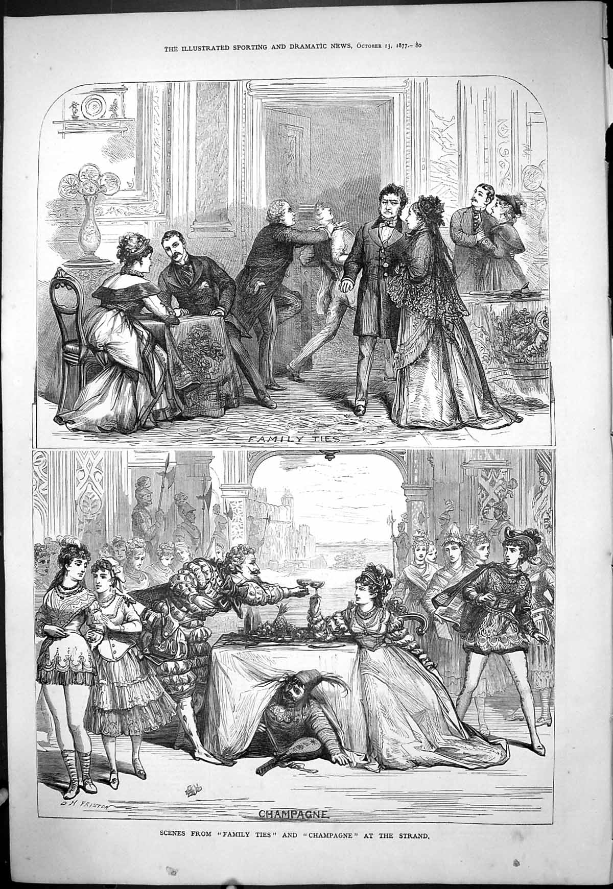 Original Old Antique Print 1877 Scene Family Ties Champagne Strand Theatre 19th