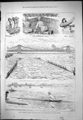 Antique Old Print 1877 Boat Race Higgins Boyd River Thames Hammersmith Bridge