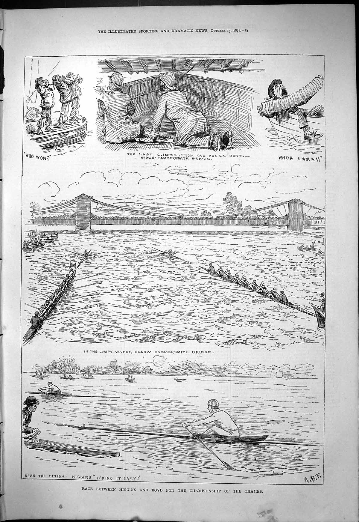 Antique Old Print 1877 Boat Race Higgins Boyd River Thames Hammersmith Bridge