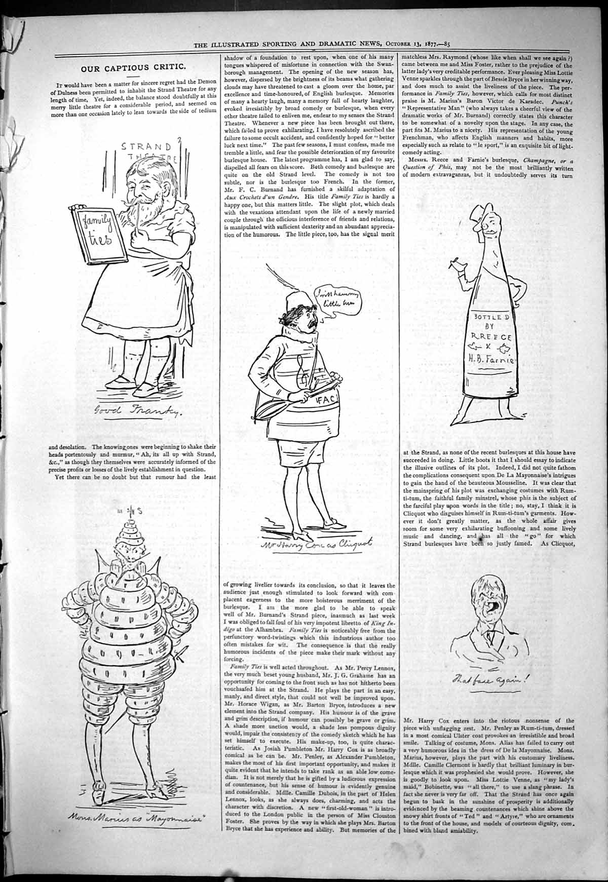 Antique Old Print 1877 Theatre Captious Critic Harry Cliquot Marius Actors 19th