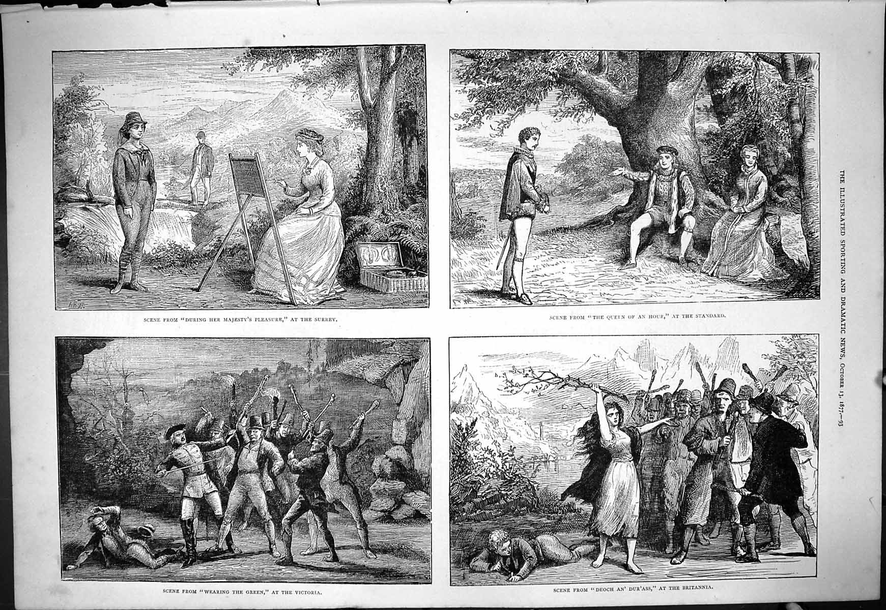 Antique Old Print 1877 Theatre Scene Queen Hour Wearing Green Deoch Dur'Ass
