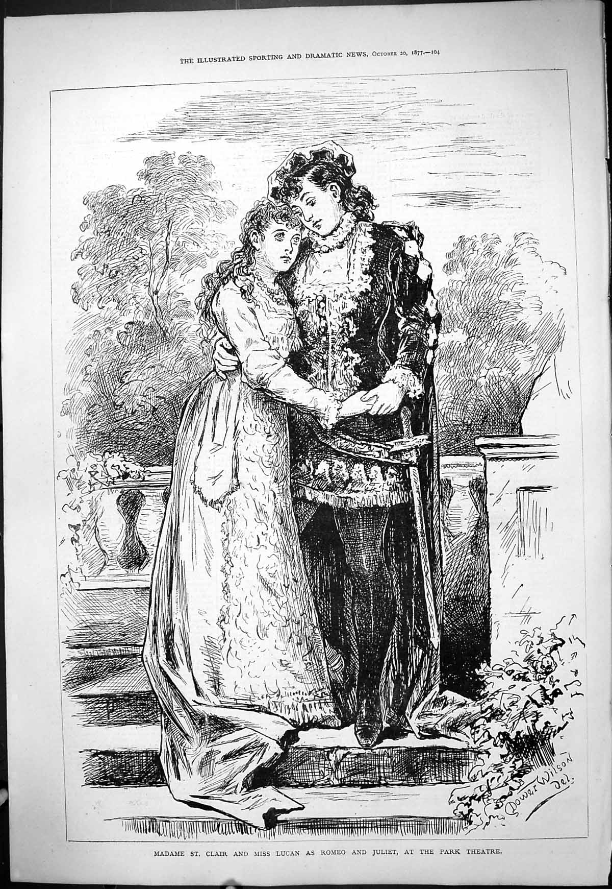 Antique Old Print 1877 Madame St. Clair Miss Lucan Romeo Juliet Park Theatre