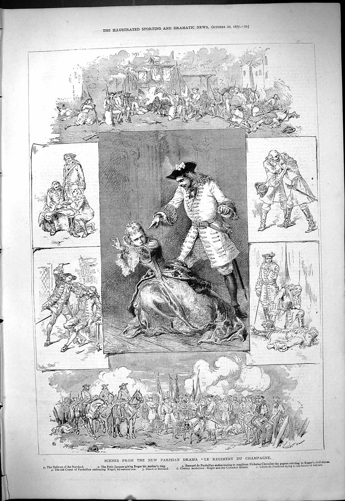 Old Antique Print 1877 Scene Parisian Drama Le Regiment Champagne Theatre 19th