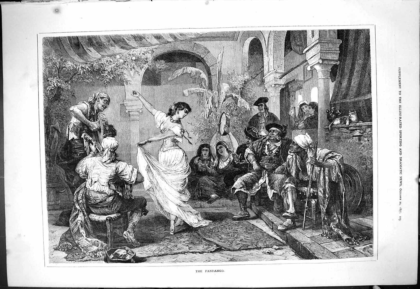Original Old Antique Print 1877 Dancing Woman Fandango Music Entertainment 19th