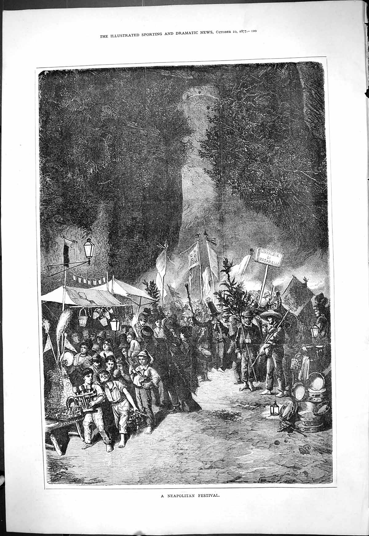 Original Old Antique Print 1877 Neapolitan Festival Italy Entertainment 19th