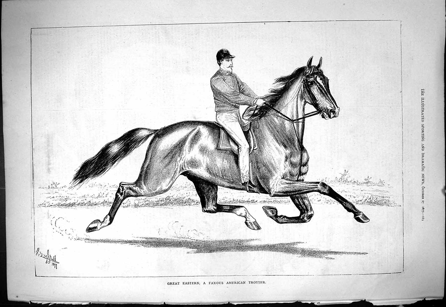 Original Old Antique Print 1877 Great Eastern Famous American Trotter Horse