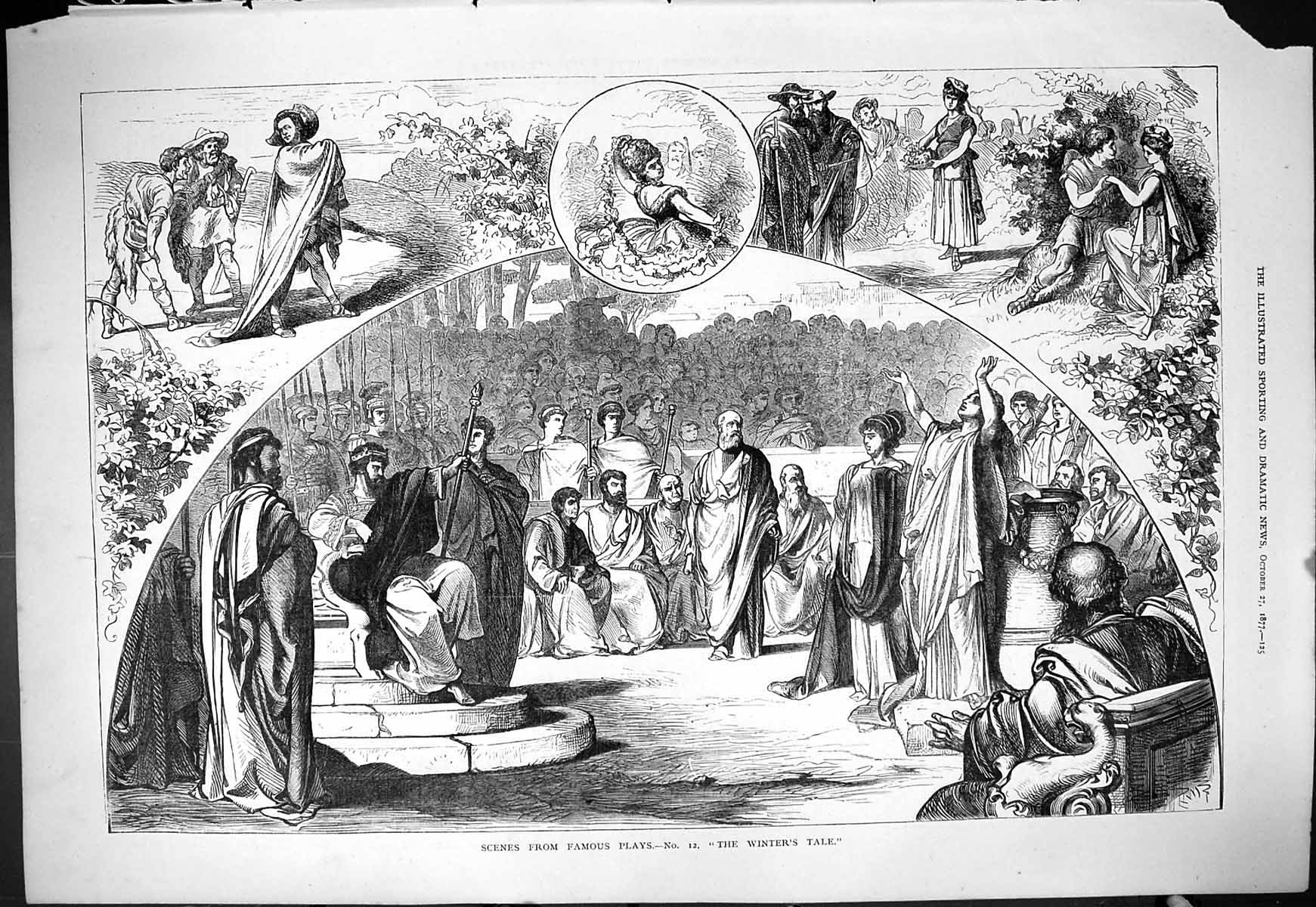 Original Old Antique Print 1877 Scene Famous Plays Winter'S Tale Theatre Actors