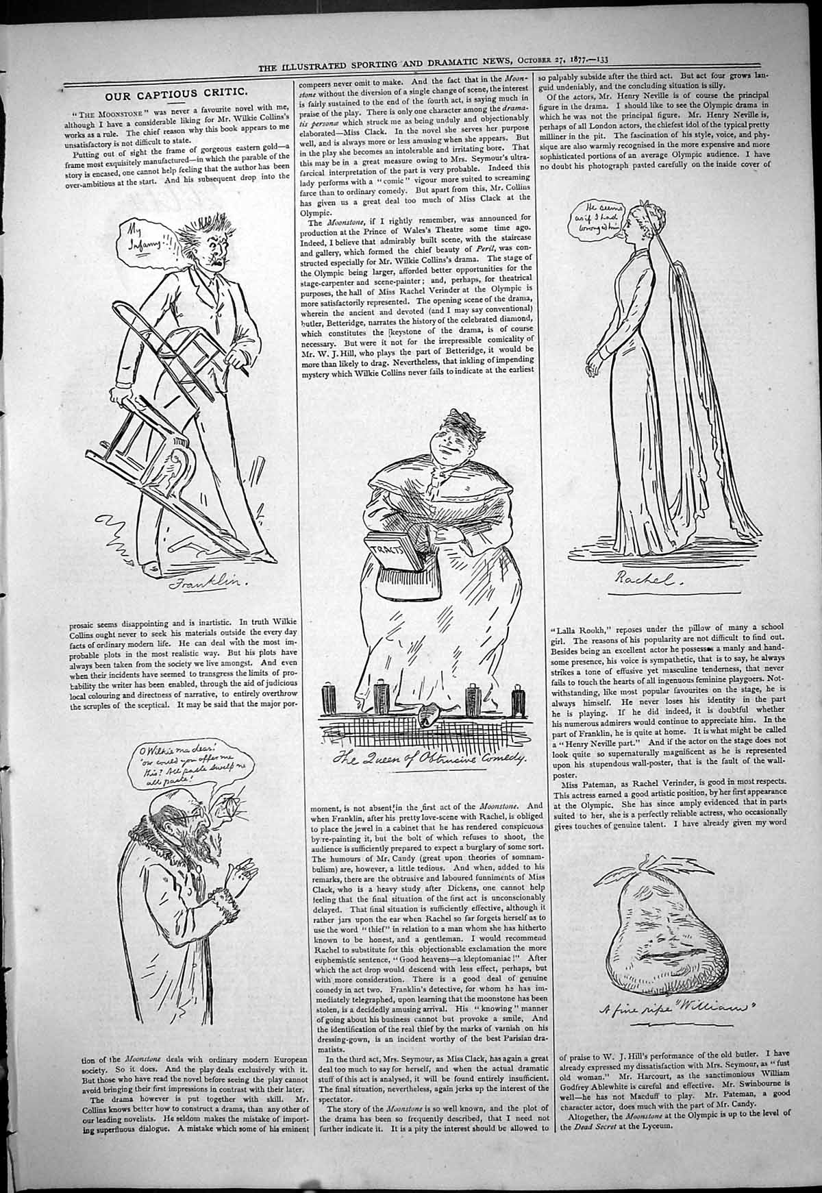 Antique Old Print 1877 Theatre Captious Critic Franklin Queen Comedy Rachel