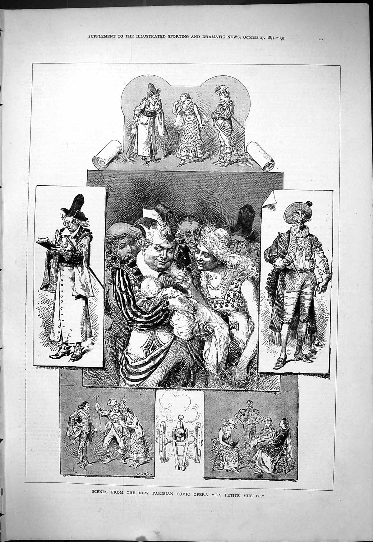 Antique Old Print 1877 Scene Parisian Comic Opera La Petite Muette Theatre 19th