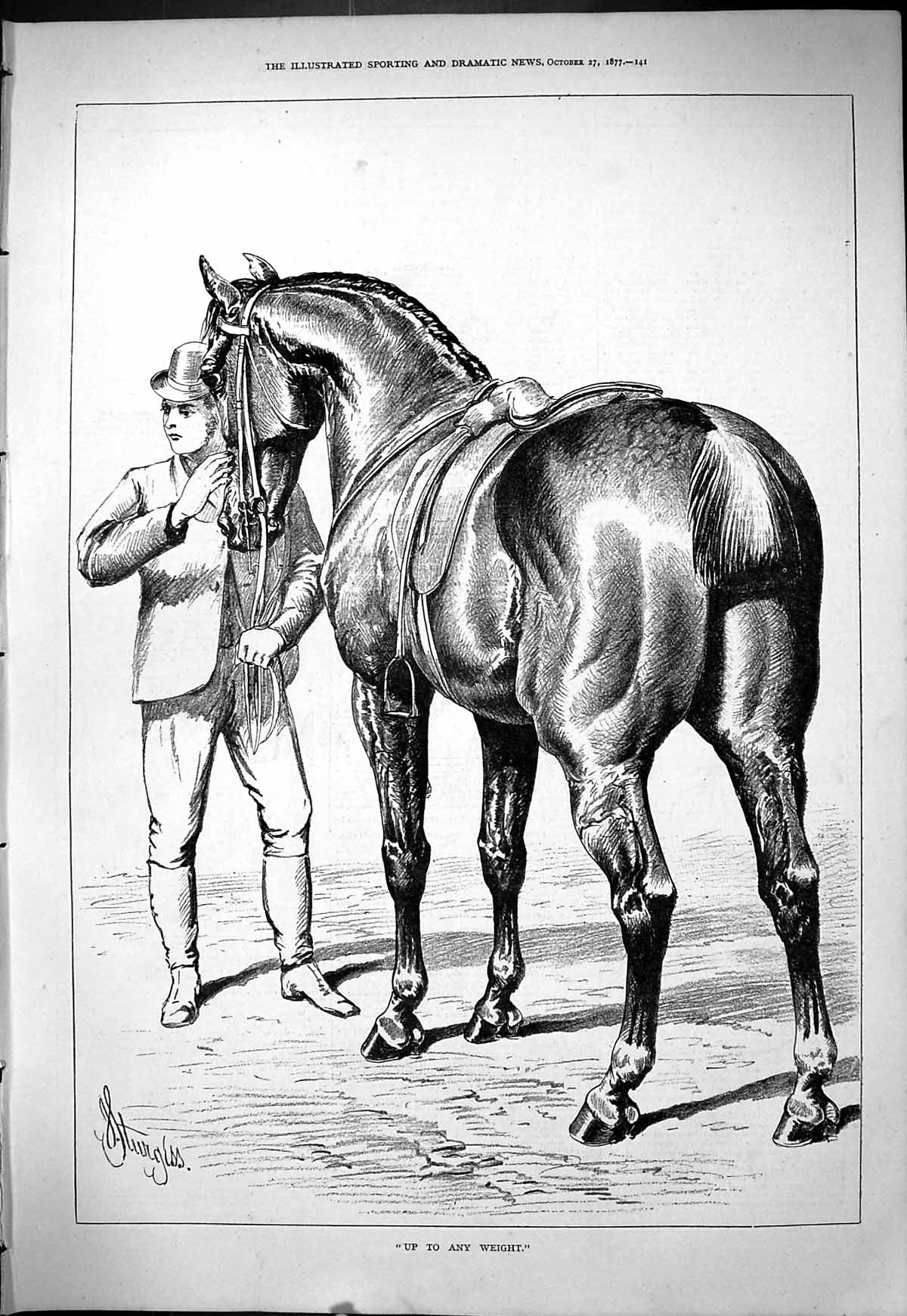 Original Old Antique Print 1877 Up To Any Weight Beautiful Horses Trainer 19th