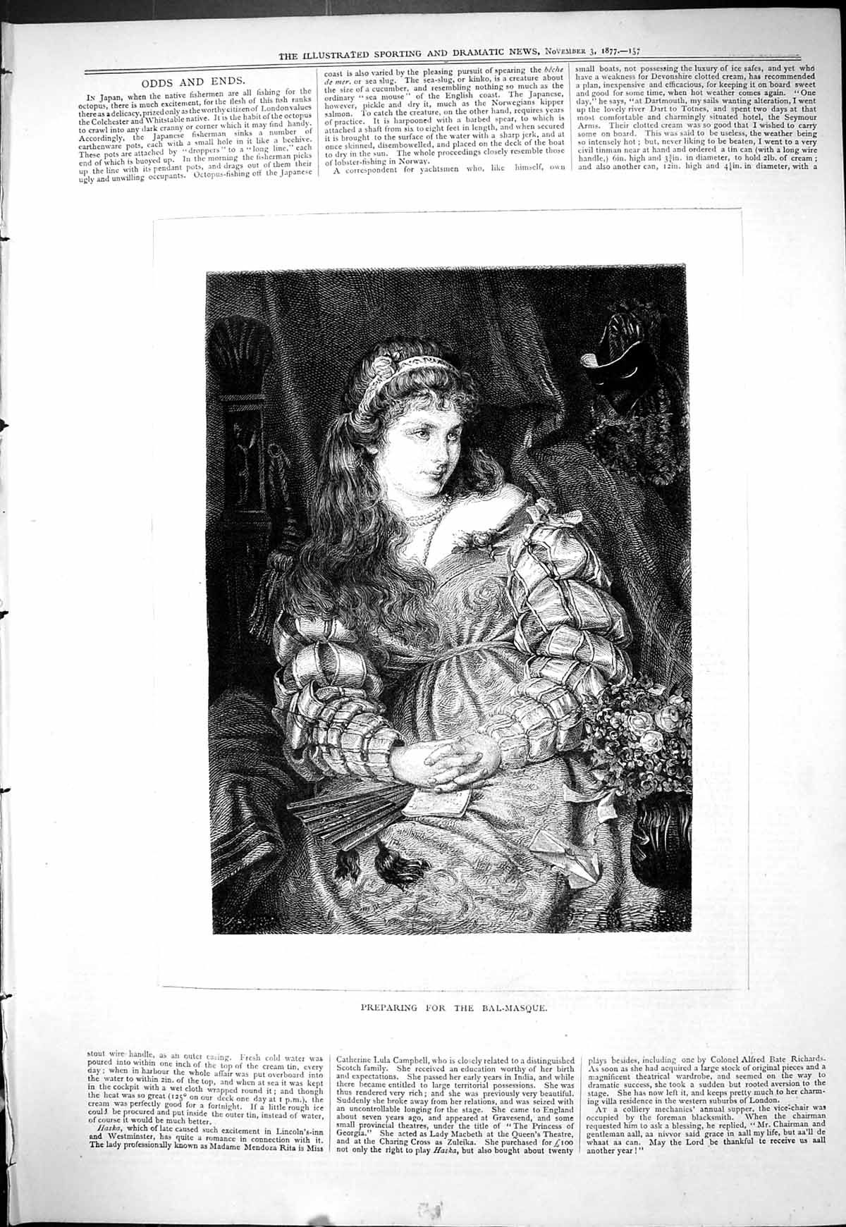 Original Old Antique Print 1877 Beautiful Woman Preparing Bal-Masque Victorian