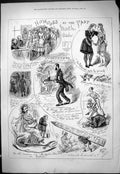 Original Old Antique Print 1877 Humours October Fish Ballet Romance London Fog