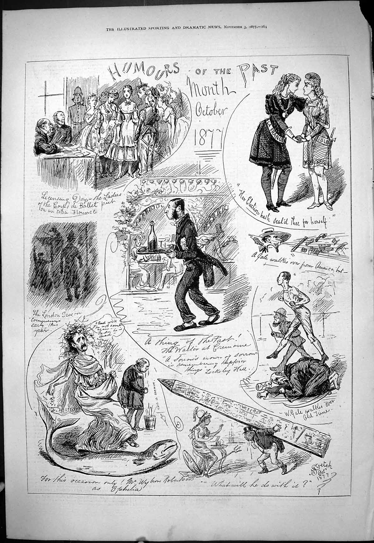 Original Old Antique Print 1877 Humours October Fish Ballet Romance London Fog