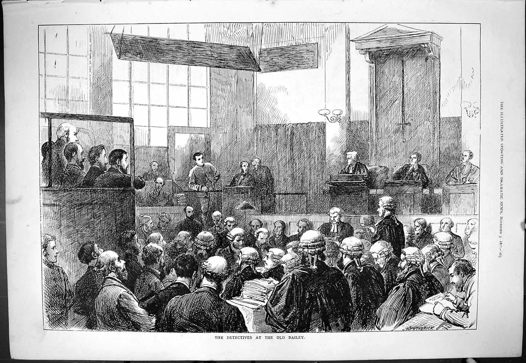 Original Old Antique Print 1877 Detectives Bailey Court Room Scene Judge Jury