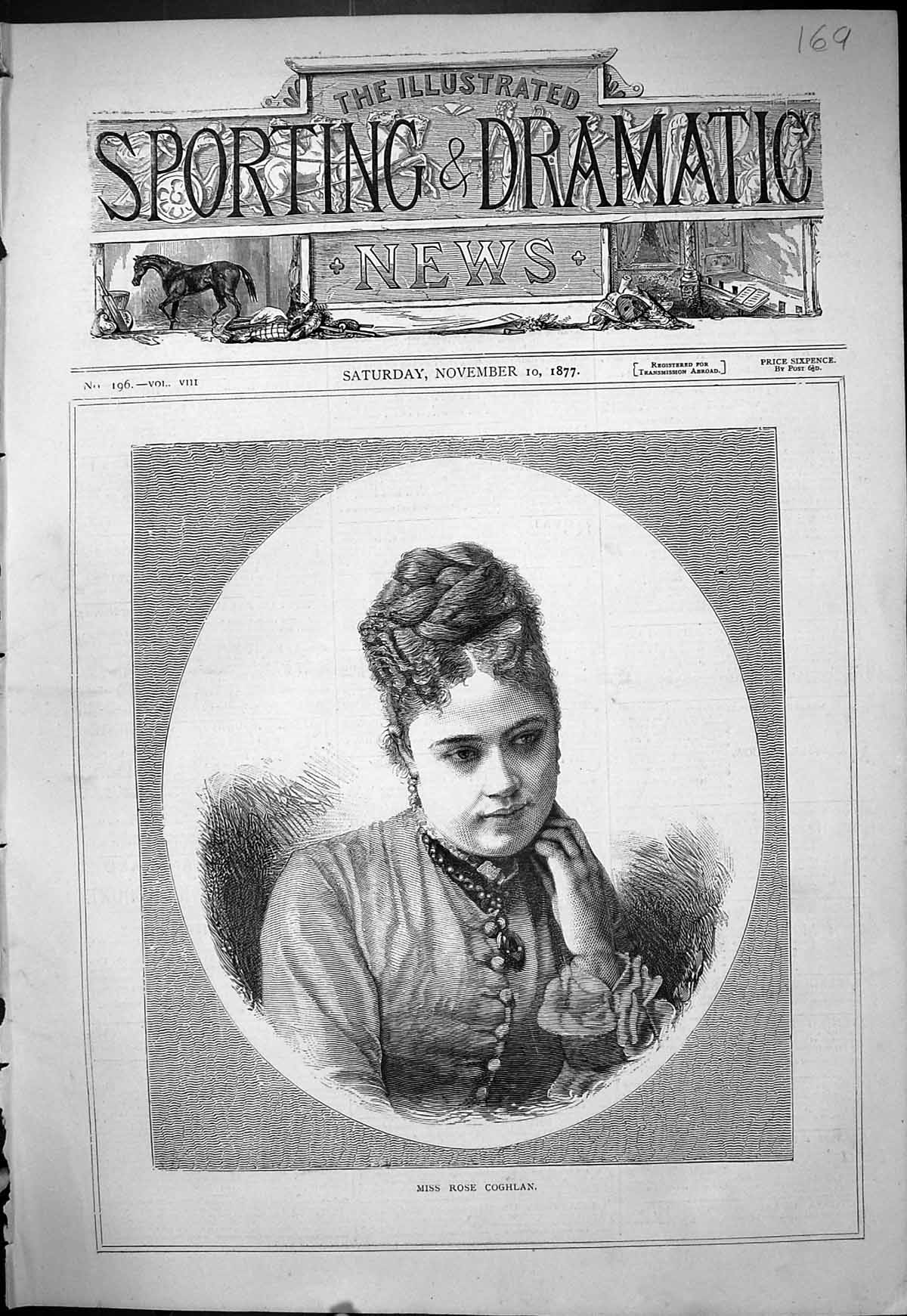 Original Old Antique Print 1877 Portrait Miss Rose Coghlan Beautiful Woman 19th