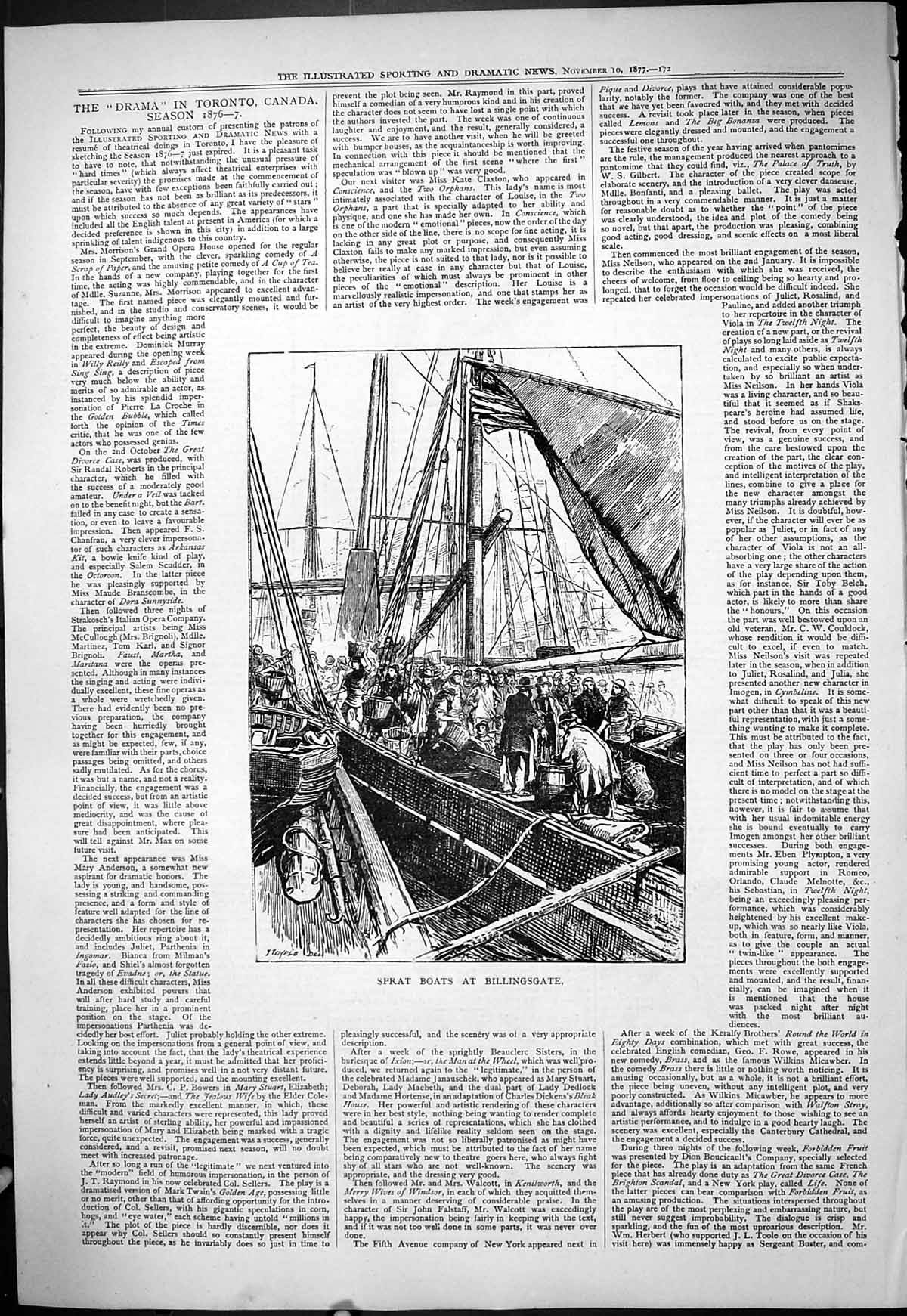 Original Old Antique Print 1877 Sprat Fishing Boats Billingsgate Harbour 19th