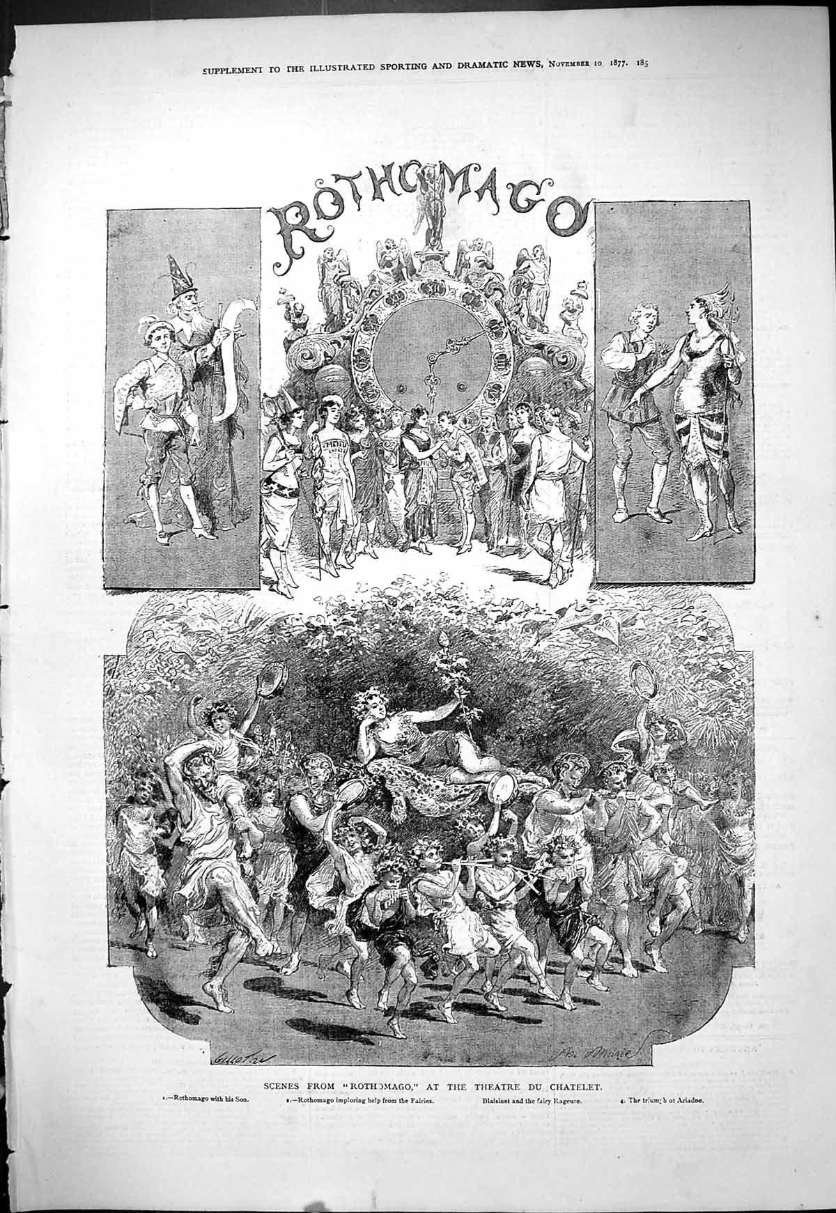 Old Antique Print 1877 Scene Rothomago Theatre Chatelet Ariadne Fairies 19th