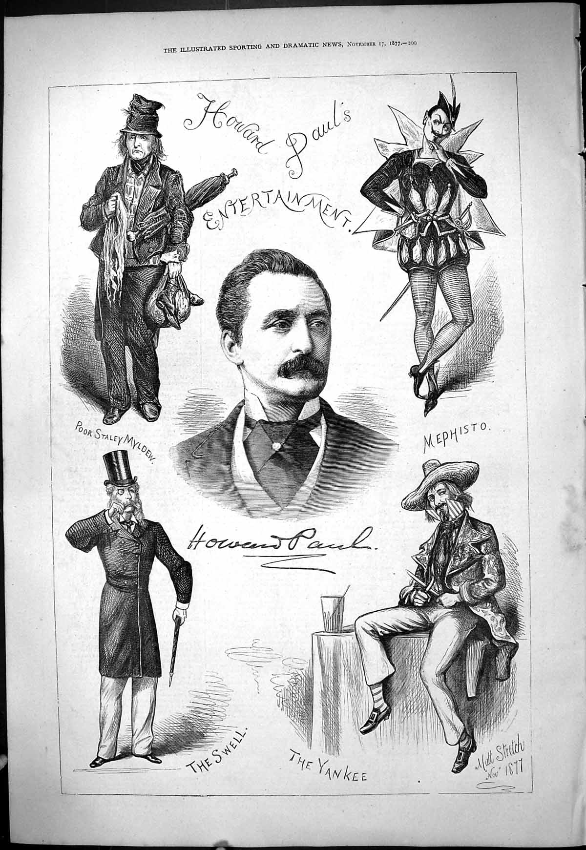Old Antique Print Howard Paul Entertainment Myldew Mephisto Yankee 1877 19th
