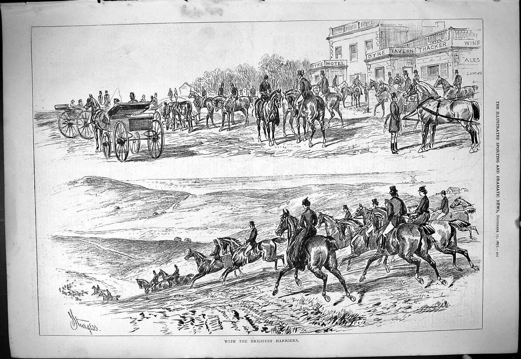 Antique Print 1877 Brighton Harriers Hunting Horses Sport Dyke Hotel Tavern