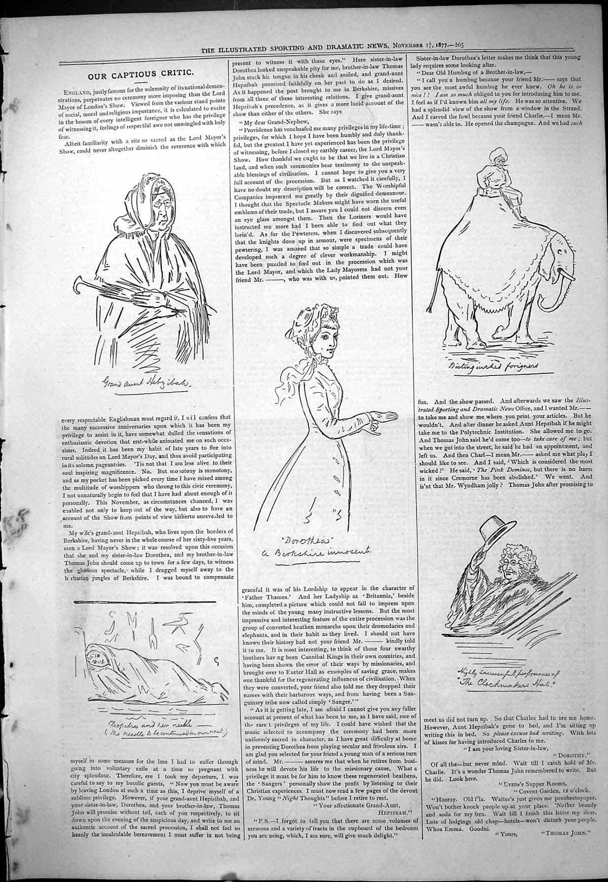 Old Antique Print 1877 Theatre Captious Critic Dorothea Cleopatra Needle 19th