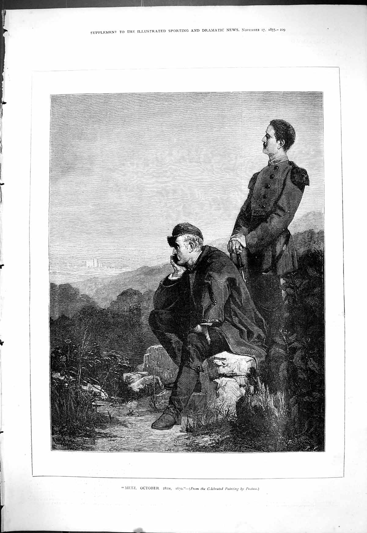 Original Old Antique Print 1877 Metz War Siers Men Mountains Scene Victorian