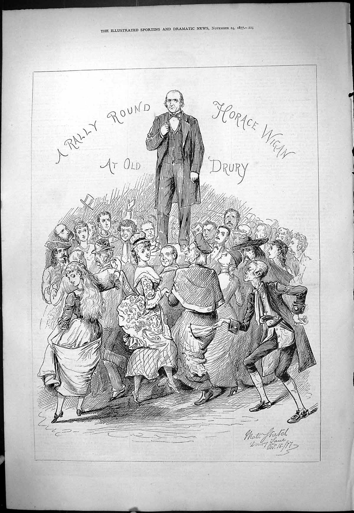 Original Old Antique Print 1877 Rally Round Horace Wigan Drury Lane Theatre