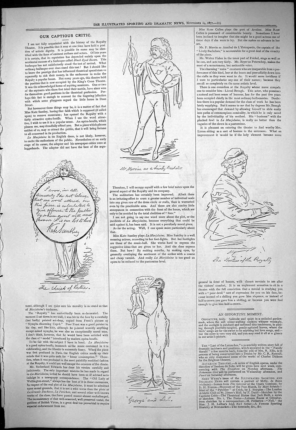 Old Antique Print 1877 Theatre Captious Critic George Kate Santley Actors 19th