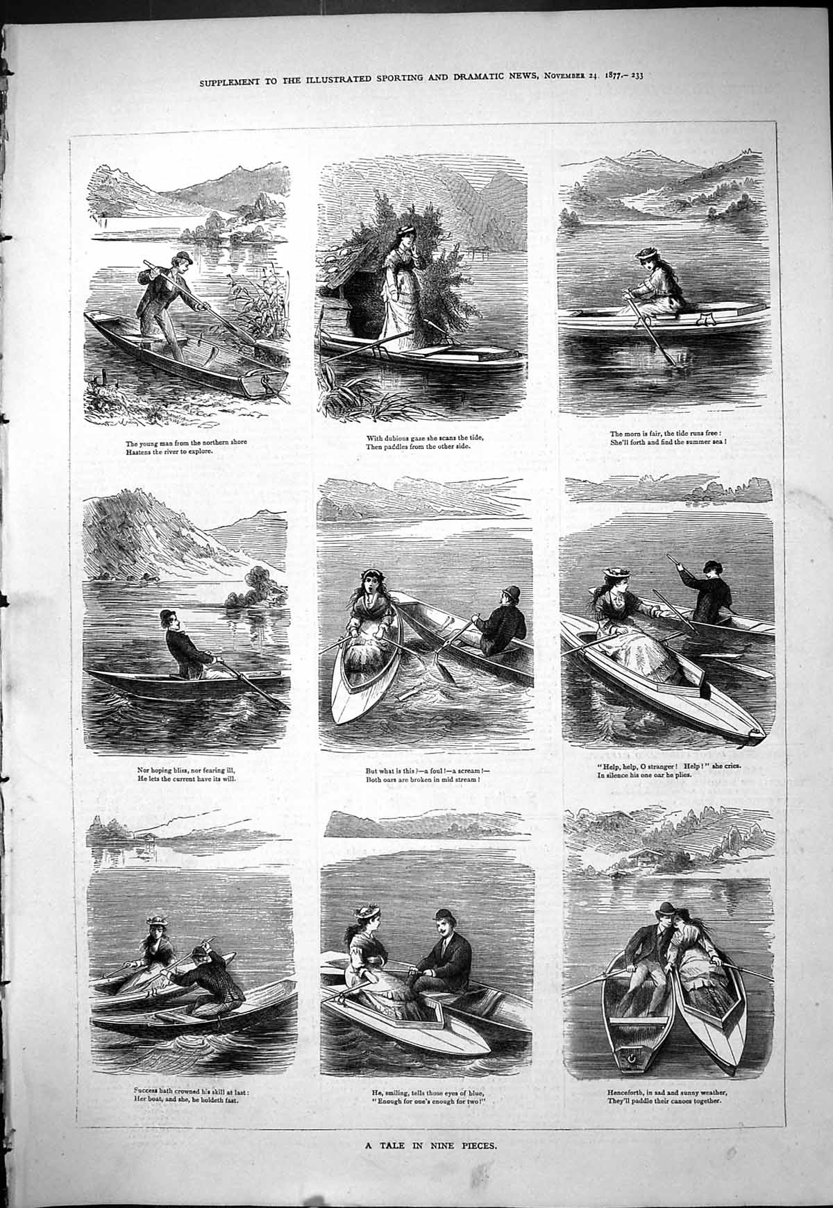 Original Old Antique Print 1877 Tale Nine Pieces Man Lady Romance Boats 19th