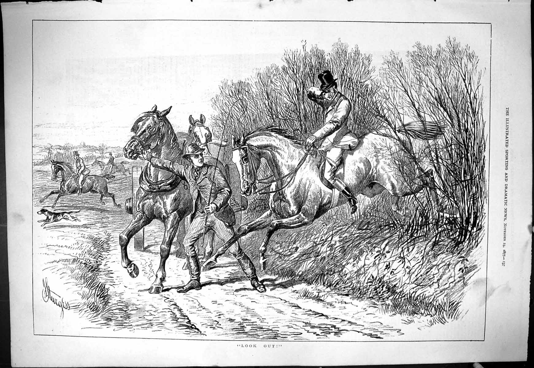 Antique Print 1877 Look Out Hunting Horses Jumping Hedge Sport Hounds Dogs 19th