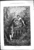 Original Old Antique Print 1877 Opportune Moment Man Lady Romance Garden Scene