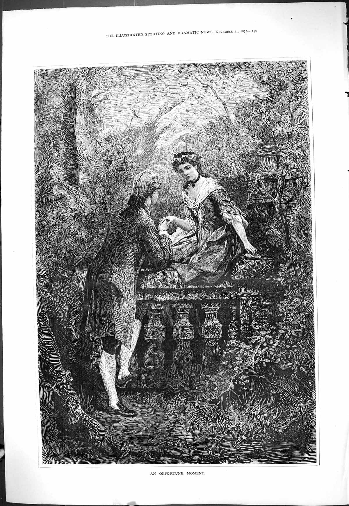 Original Old Antique Print 1877 Opportune Moment Man Lady Romance Garden Scene