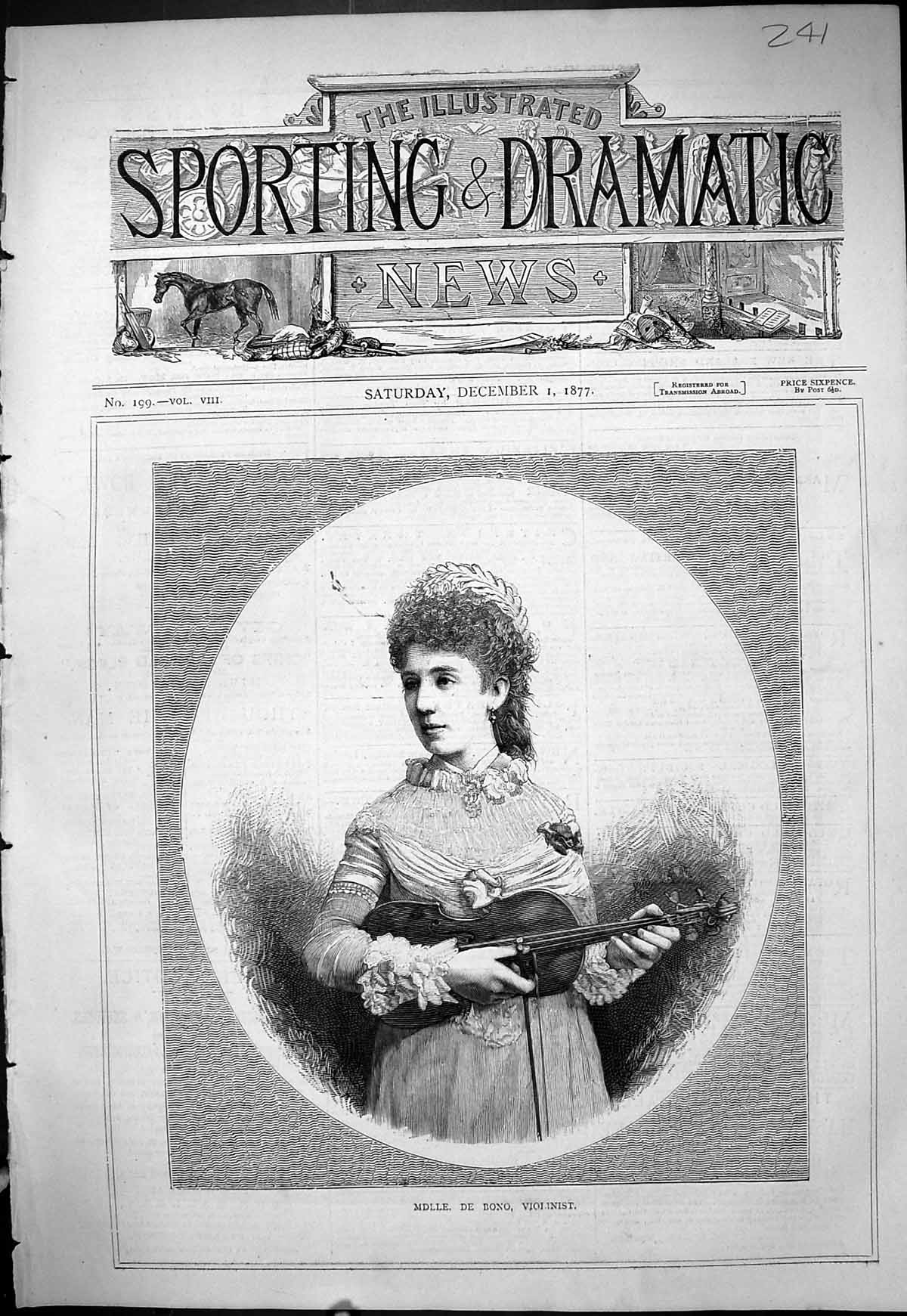 Antique Print 1877 Portrait Mdlle. De Bono Beautiful Woman Violinist Music 19th
