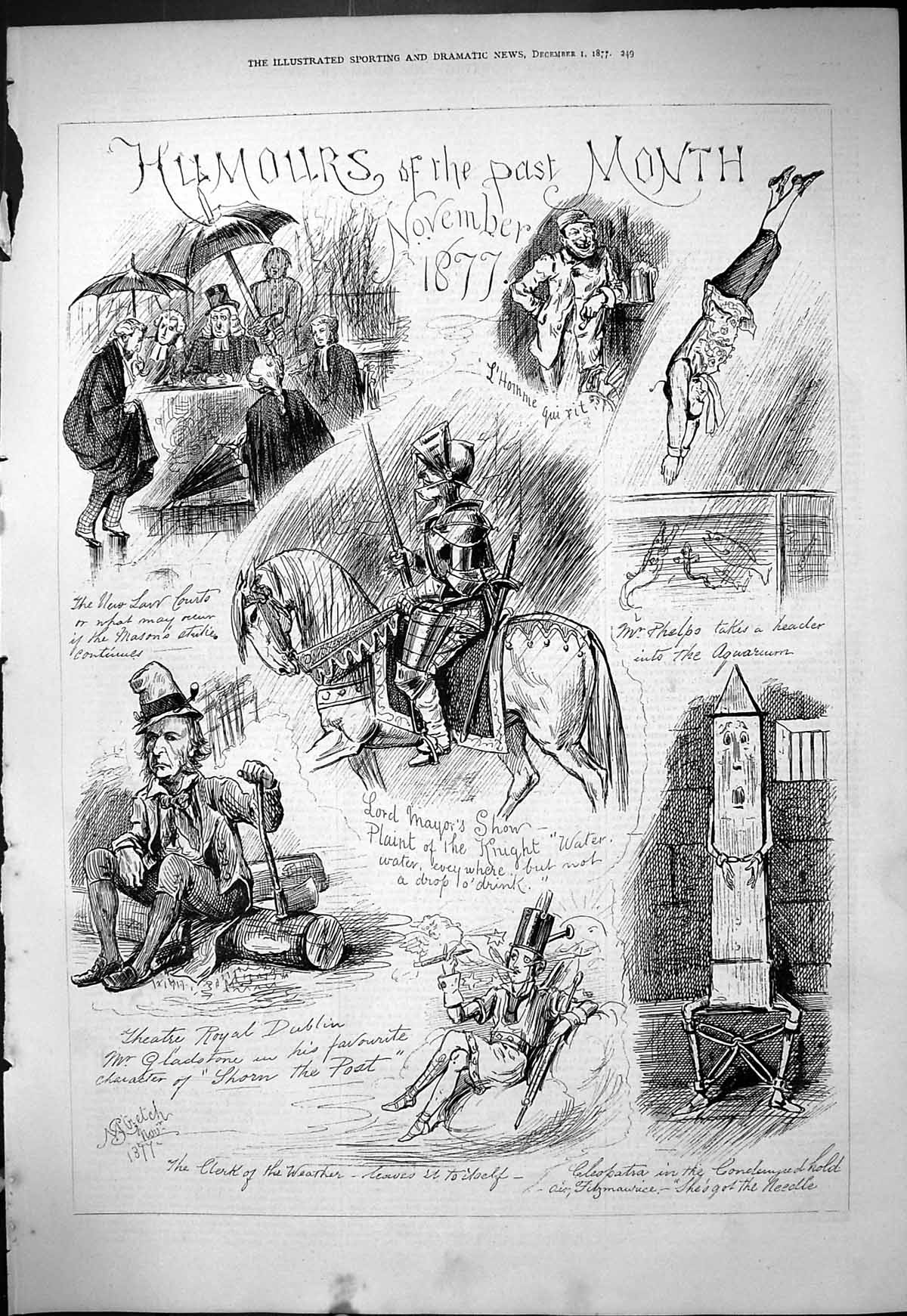 Antique Old Print 1877 Humours November Lord Mayor Show Theatre Royal Phelps
