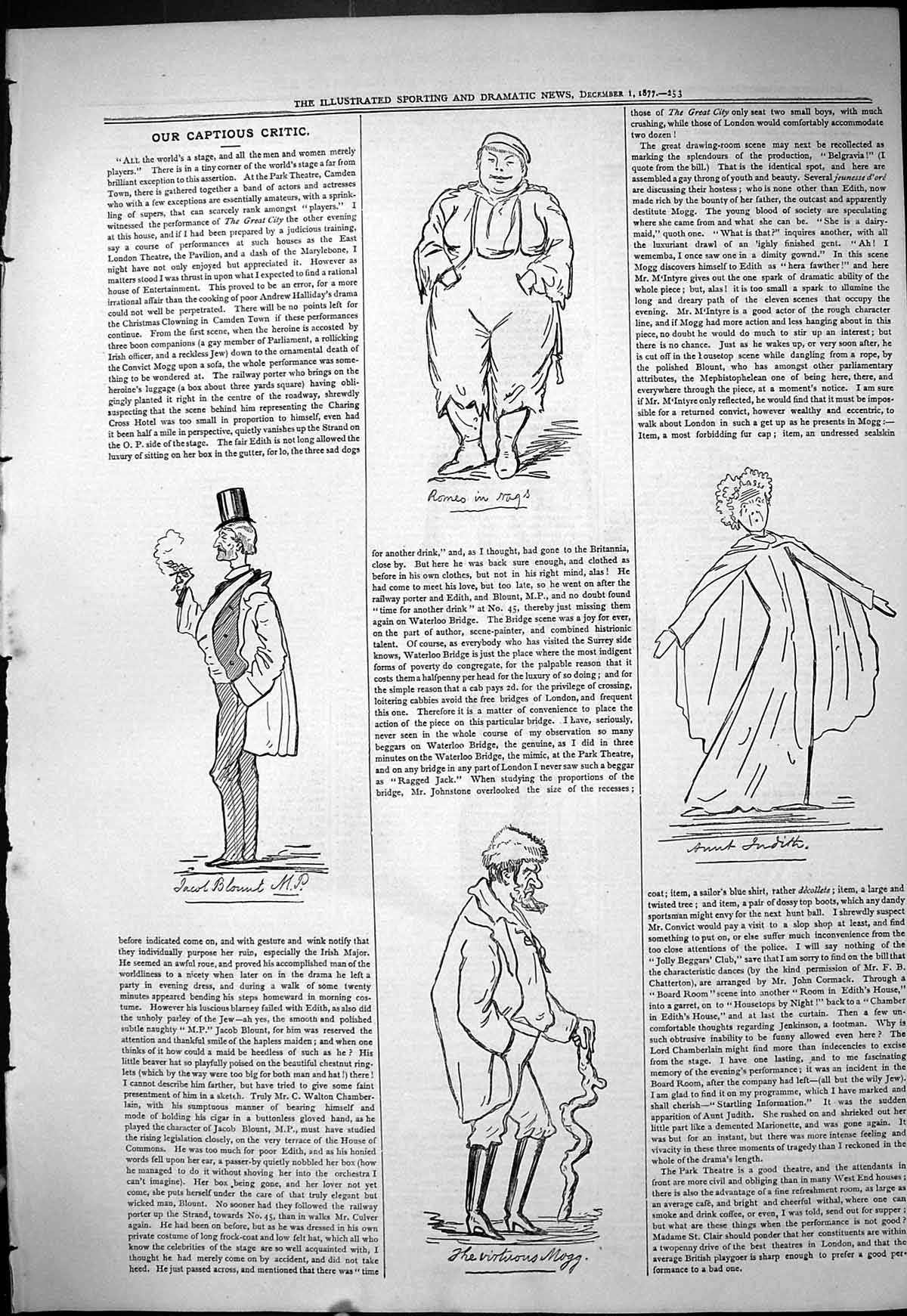 Original Old Antique Print 1877 Theatre Captious Critic Romeo Aunt Judith Mogg