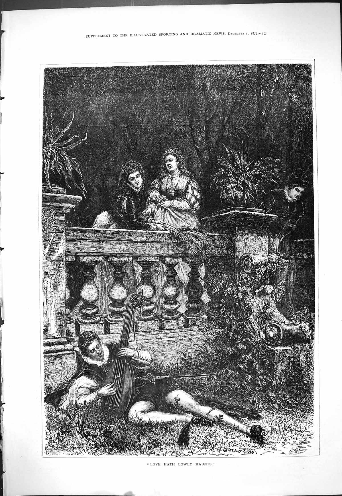 Old 1877 Love Hath Lowly Haunts Man Lady Music Balcony Scene Romance Victorian