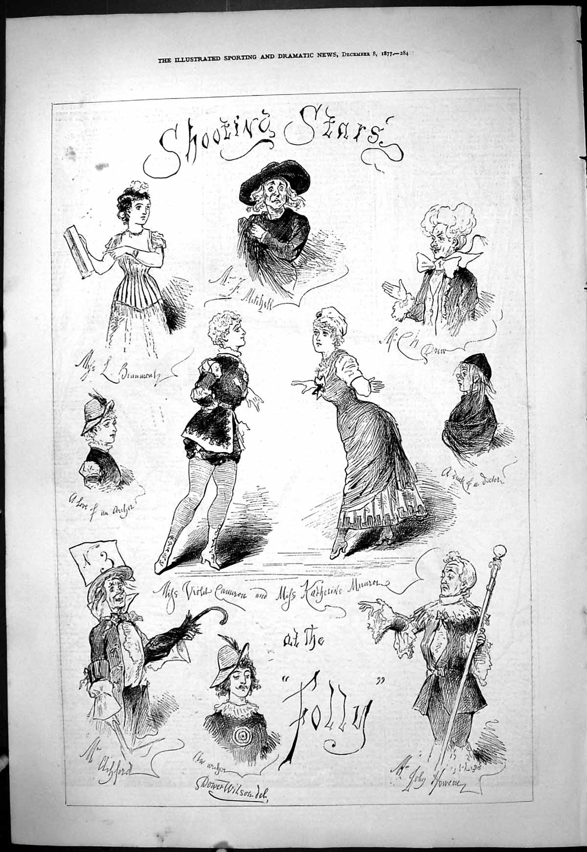 Antique Old Print 1877 Shooting Stars Theatre Actors Actress Folly Cameron 19th