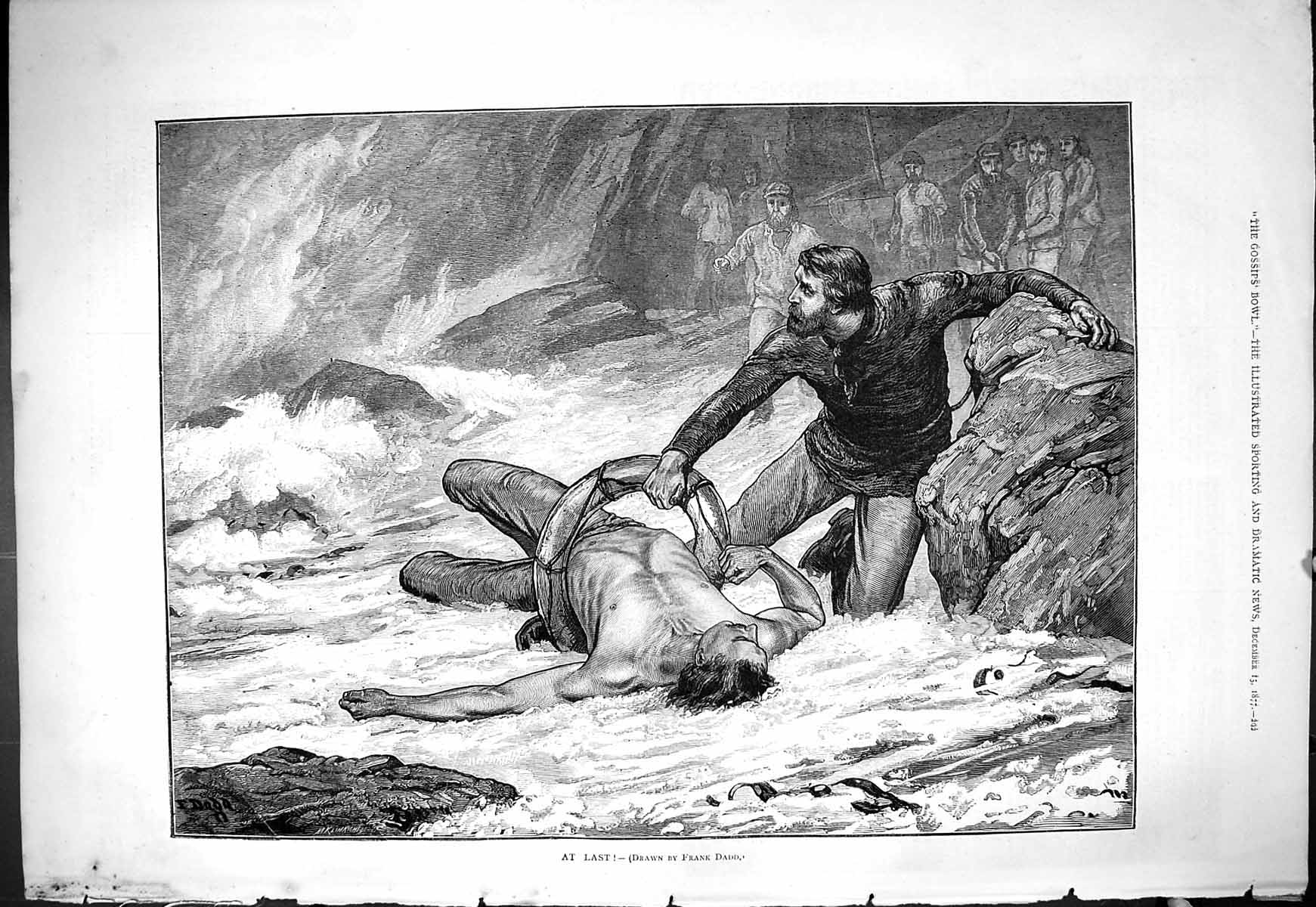 Original Old Antique Print Beach Sea Scene Resuce Man Lifebuoy Fishermen 1877